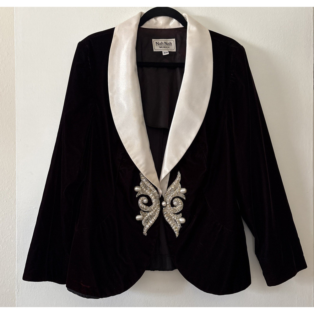 Vintage 80s Nah Nah Collection Black Velvet Jacket 16W Pearls Cocktail Wedding
